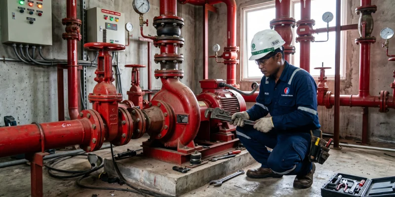 Instalasi pompa pemadam kebakaran gedung.